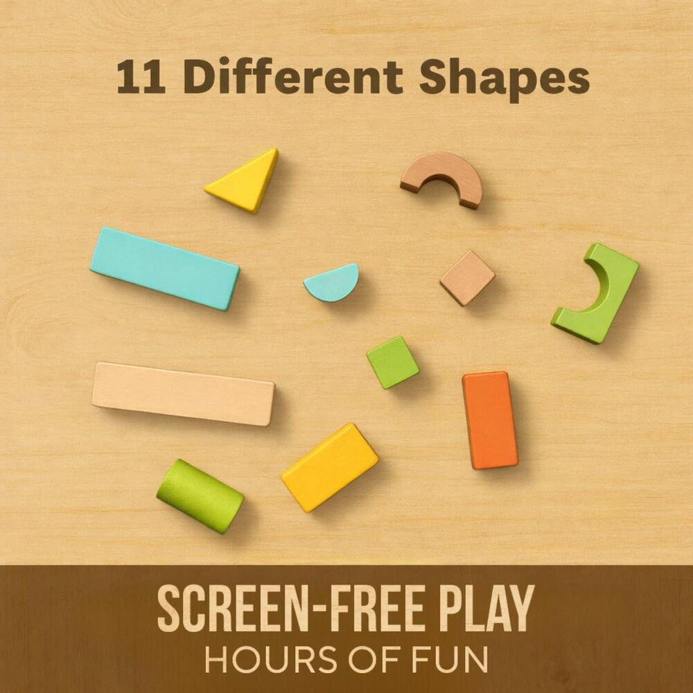 100-Piece Wood Building Blocks Set, Heavy Duty Shape-Sorter Lid & Bucket, Pastel - Picture 3 of 6
